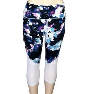 Bebe Sport White Multi Color Floral Print Mesh Legs Capri Workout Pants Sz XL